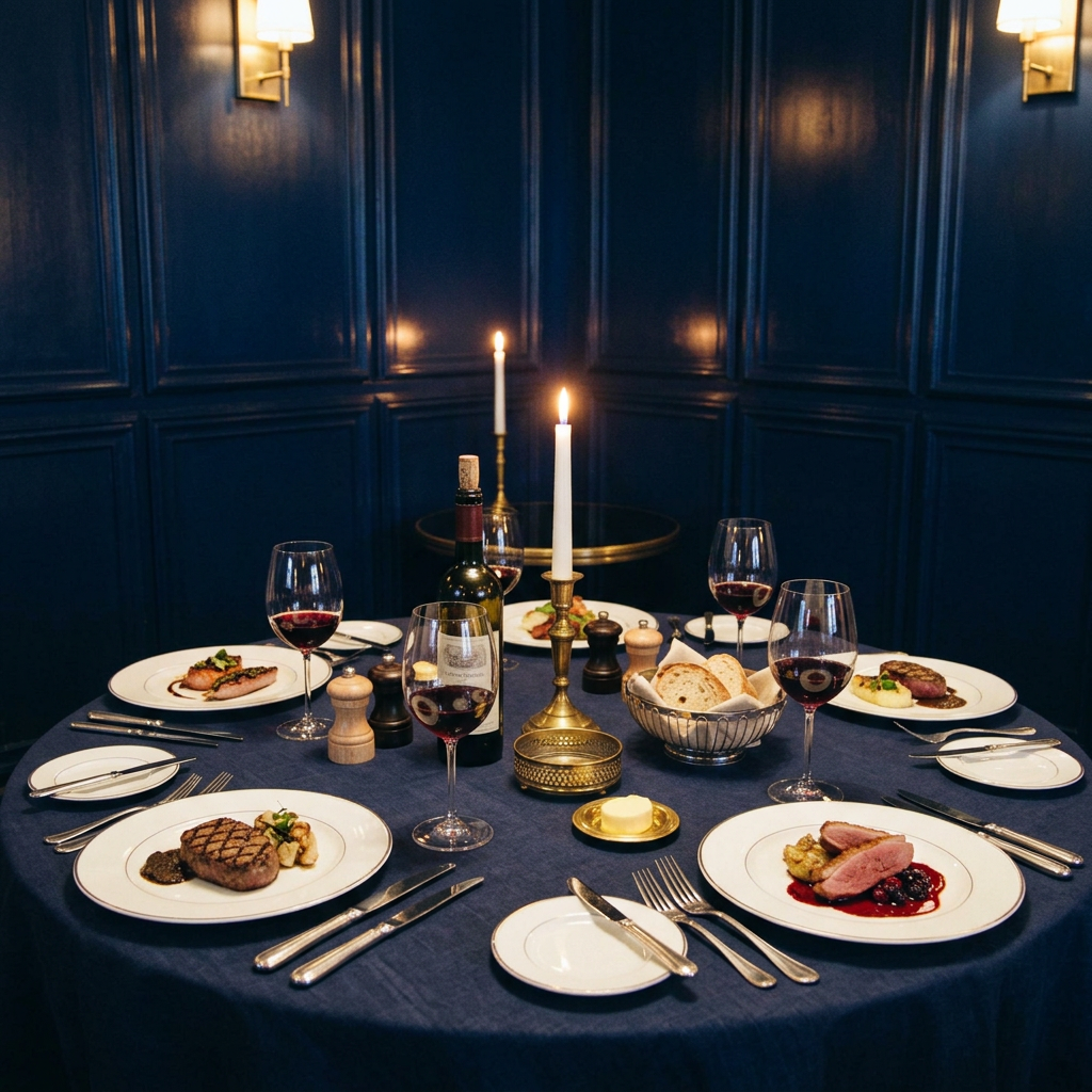 Dîner professionnel autour d'une table ronde dressée dans un salon privé aux boiseries bleu profond