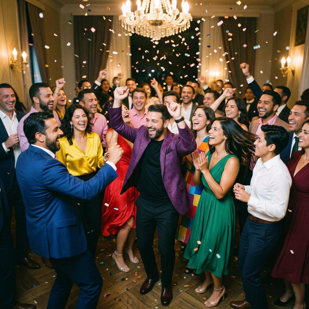 Groupe d'invités de toutes origines dansant joyeusement au milieu de confettis lors d'une soirée