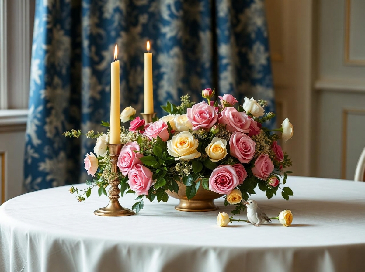 Bougies et fleurs sur une nappe crème devant un tissu bleu à motifs anglais