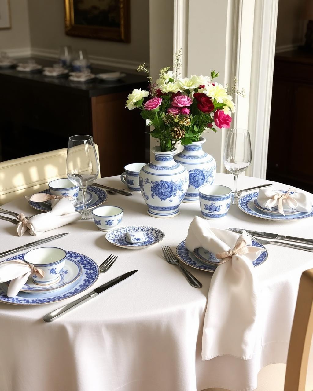 Table dressée avec porcelaine bleue et blanche, linge de table et fleurs de saison