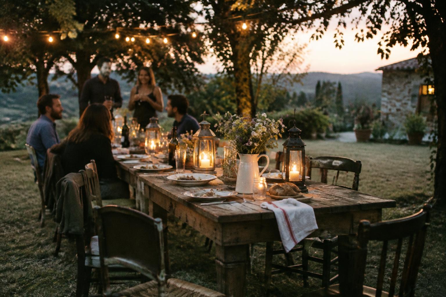 Table champêtre sous les oliviers, fleurs des champs et lin écru
