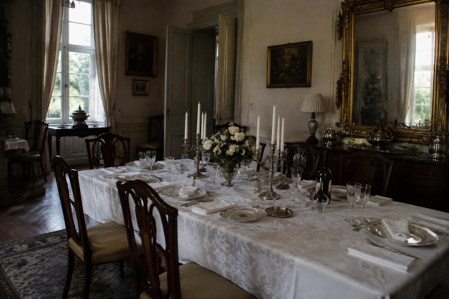 Table classique en damas blanc, porcelaine à filet d'or et candélabre en cristal