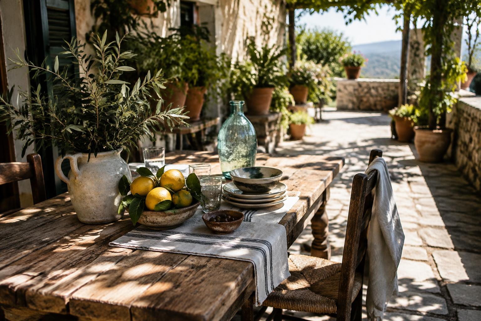Table méditerranéenne en terre cuite, citrons et branches d'olivier