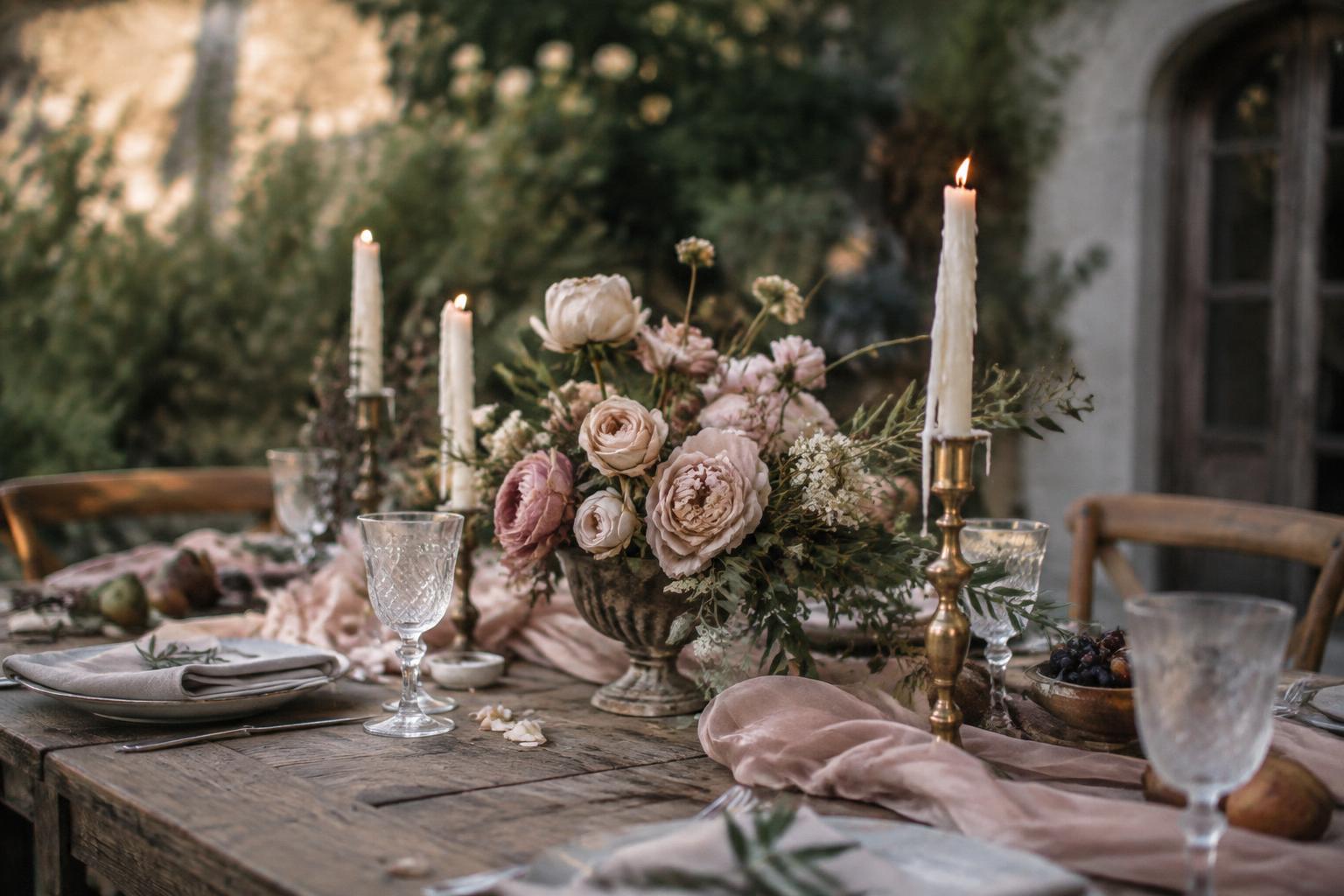 Table romantique aux roses blush, bougies rosées et voile de soie