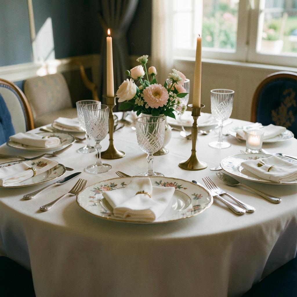 Table élégamment dressée avec porcelaine, cristal, argenterie et bougies, art de la table raffiné